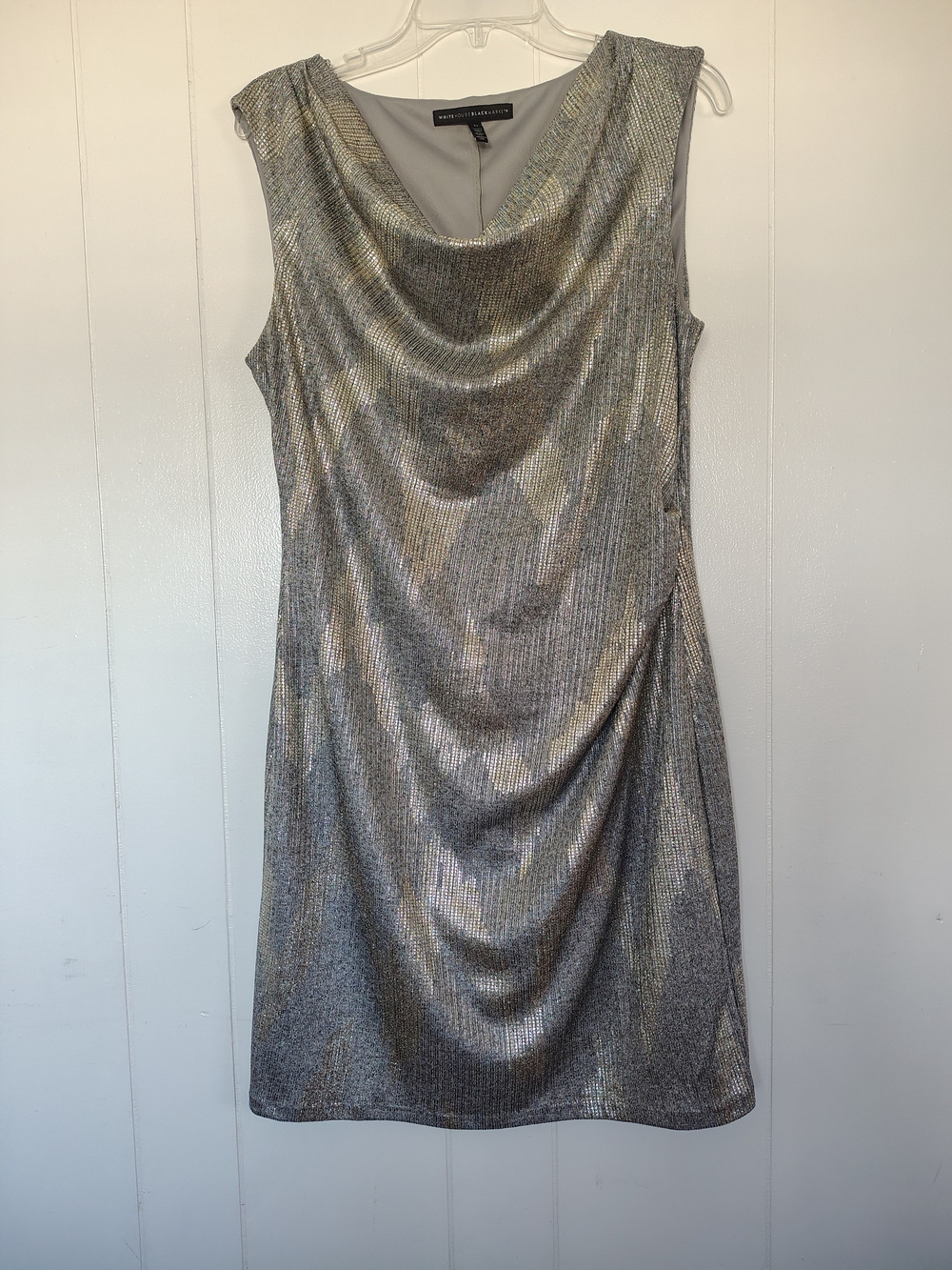White House Black Market Silver Metallic Cowl Neck Sheath Dress Size 14.